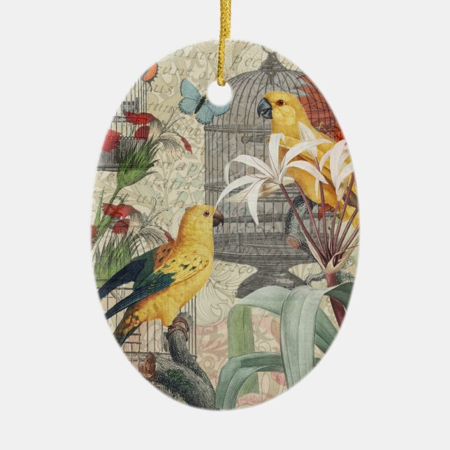 Parrot Yellow Tropical Antique Flower  Ceramic Tree Decoration (Front)
