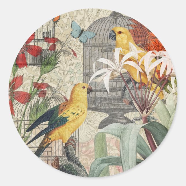 Parrot Yellow Tropical Antique Flower  Classic Round Sticker (Front)
