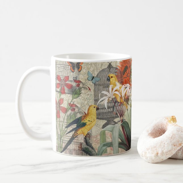 Parrot Yellow Tropical Antique Flower  Coffee Mug (With Donut)