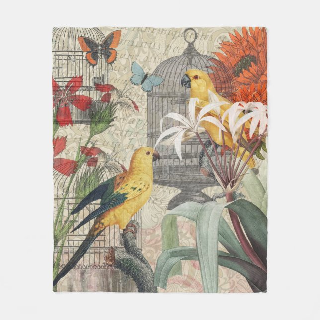 Parrot Yellow Tropical Antique Flower  Fleece Blanket (Front)
