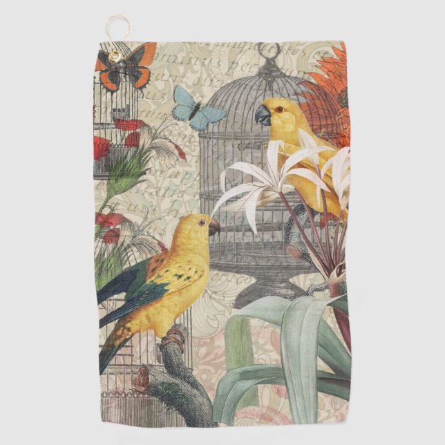 Parrot Yellow Tropical Antique Flower  Golf Towel (Front)