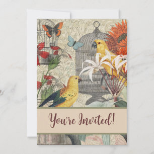 Parrot Yellow Tropical Antique Flower  Invitation