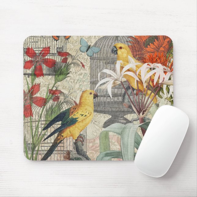 Parrot Yellow Tropical Antique Flower  Mouse Mat (With Mouse)