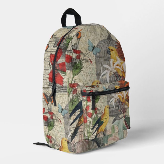 Parrot Yellow Tropical Antique Flower  Printed Backpack (Back Corner Left)