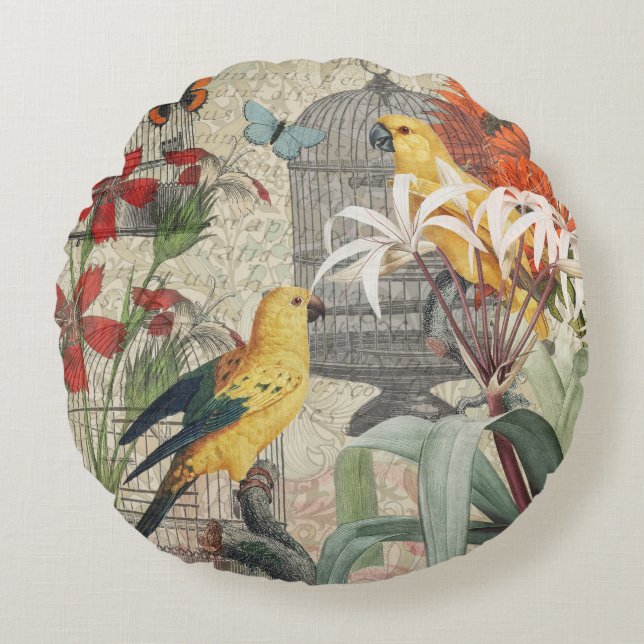 Parrot Yellow Tropical Antique Flower  Round Cushion (Front)