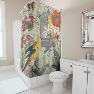Parrot Yellow Tropical Antique Flower  Shower Curtain