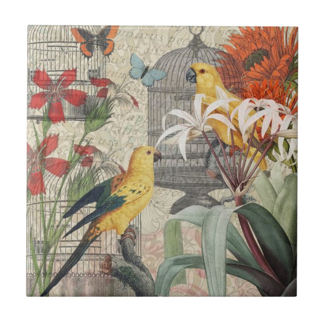 Parrot Yellow Tropical Antique Flower  Tile (Front)