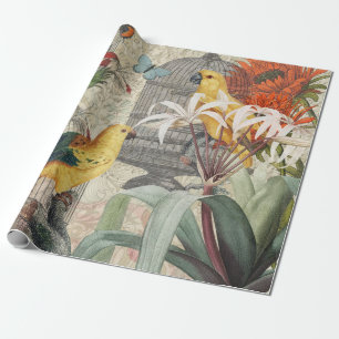 Parrot Yellow Tropical Antique Flower Wrapping Paper