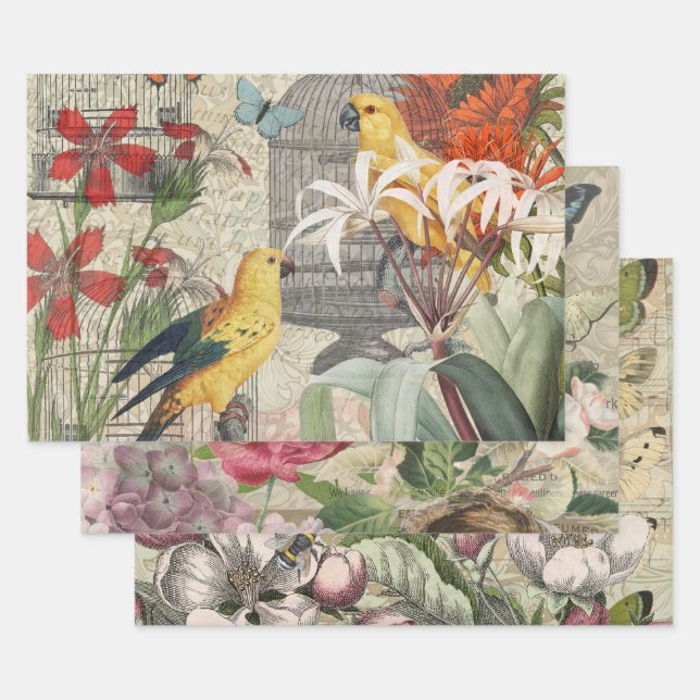 Parrot Yellow Tropical Antique Flower  Wrapping Paper Sheet (Set)