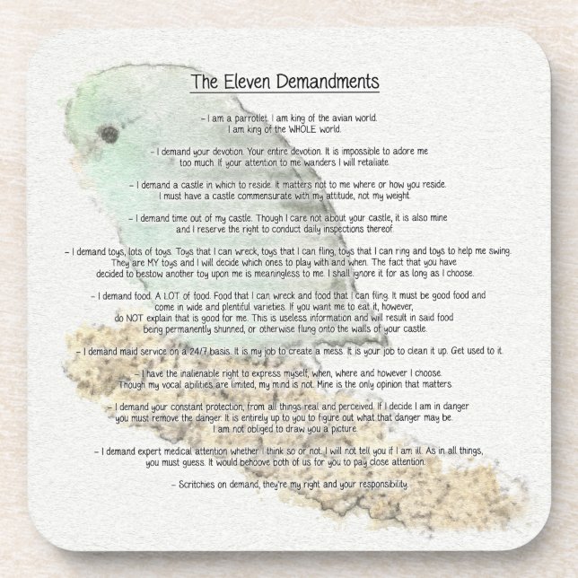 Parrotlets' Eleven Demandments Coaster (Front)