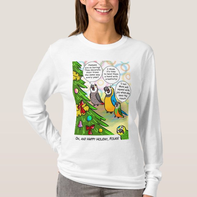 Parrots and Christmas tree T-Shirt (Front)