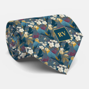 Parrots and Magnolia Branch on Teal Blue Tie