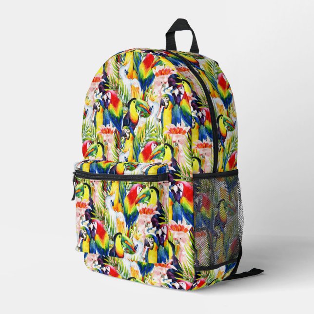 Parrots And Palm Leaves Printed Backpack (Back Corner Right)