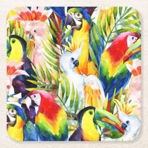 Parrots And Palm Leaves Square Paper Coaster