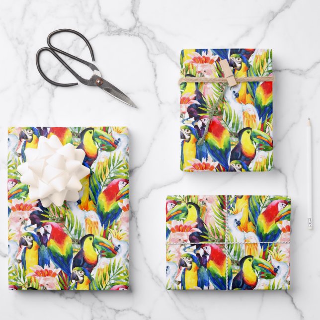 Parrots And Palm Leaves Wrapping Paper Sheet (Front)