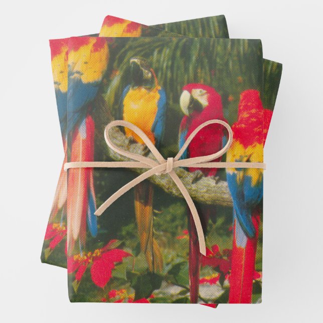 Parrots and Poinsettias Photo Christmas Wrapping Paper Sheet (In situ)