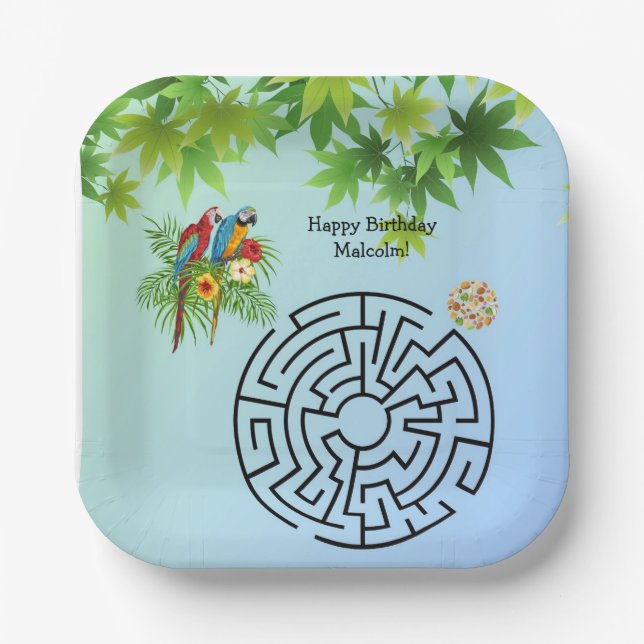 Parrots and Seeds maze on birthday paper plates (Front)