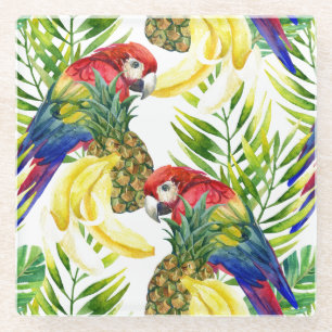 Parrots And Tropical Fruit Glass Coaster