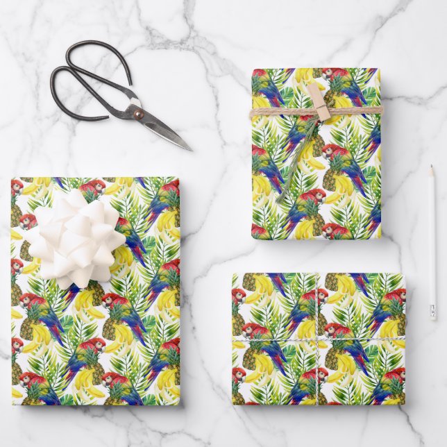Parrots And Tropical Fruit Wrapping Paper Sheet (Front)