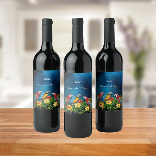 Parrots birds bue tropical wine label (Creator Uploaded)