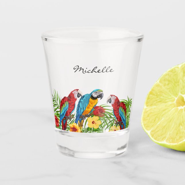 Parrots birds summer name shot glass (Front)