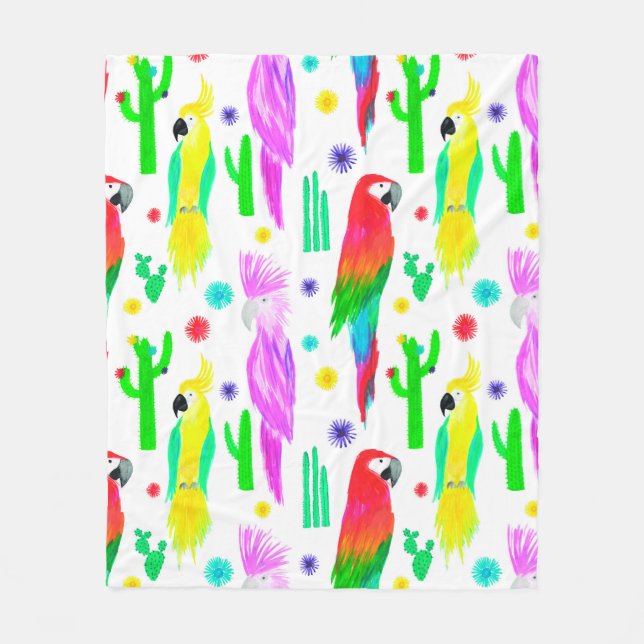 Parrots colourful seamless hand drawn pattern fleece blanket (Front)