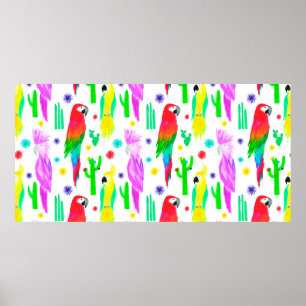 Parrots colourful seamless hand drawn pattern poster