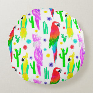 Parrots colourful seamless hand drawn pattern round cushion