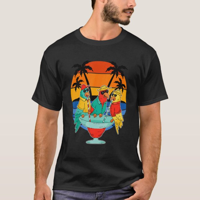 Parrots Drinking Hawaiian Vacation Sunset Palm Tre T-Shirt (Front)
