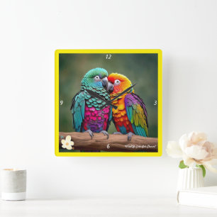 "Parrot's Feathered Charm" Square Wall Clock
