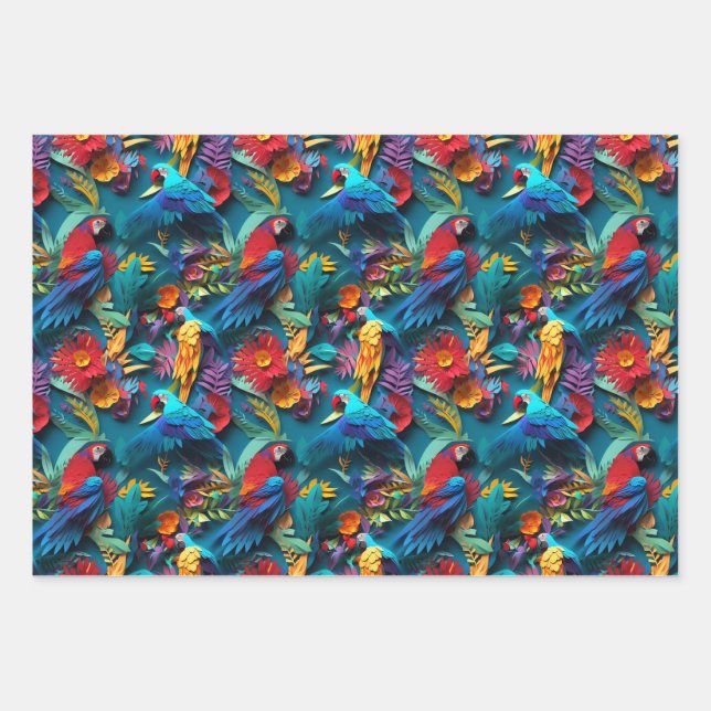 Parrots Floral Kirigami Wrapping Paper Sheet (Front)