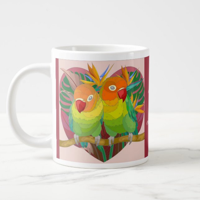 Parrots in heart; personalise w names/anniversary large coffee mug (Left)