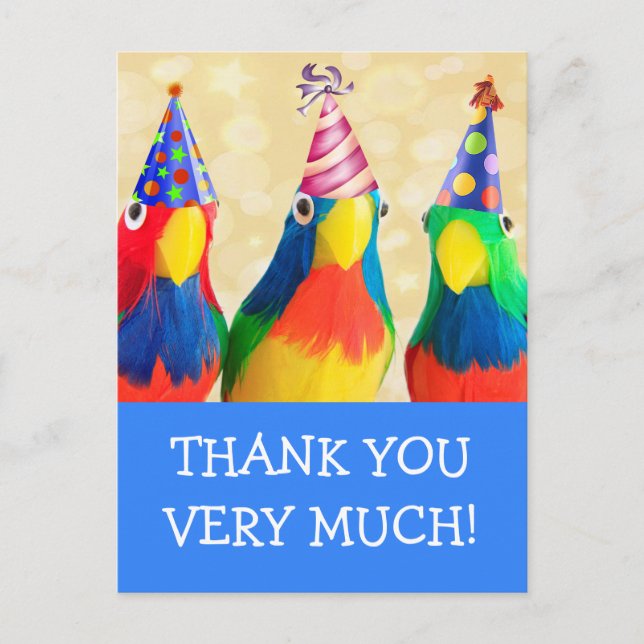 Parrots In Party Hats Birthday Thank You Postcard (Front)