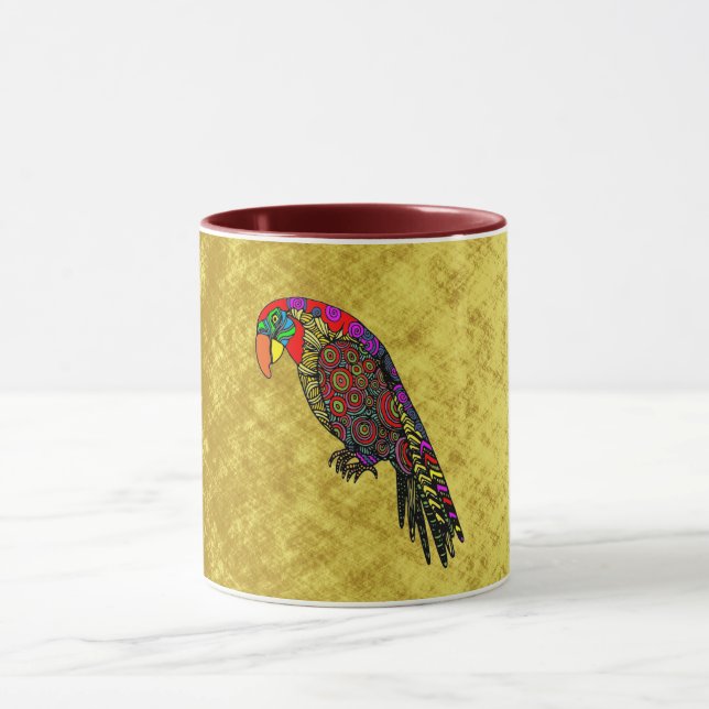 Parrots in yellow red green blue gold mug (Center)