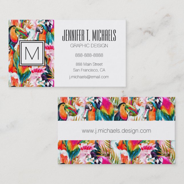 Parrots & Palm Leaves | Monogram Business Card (Front/Back)