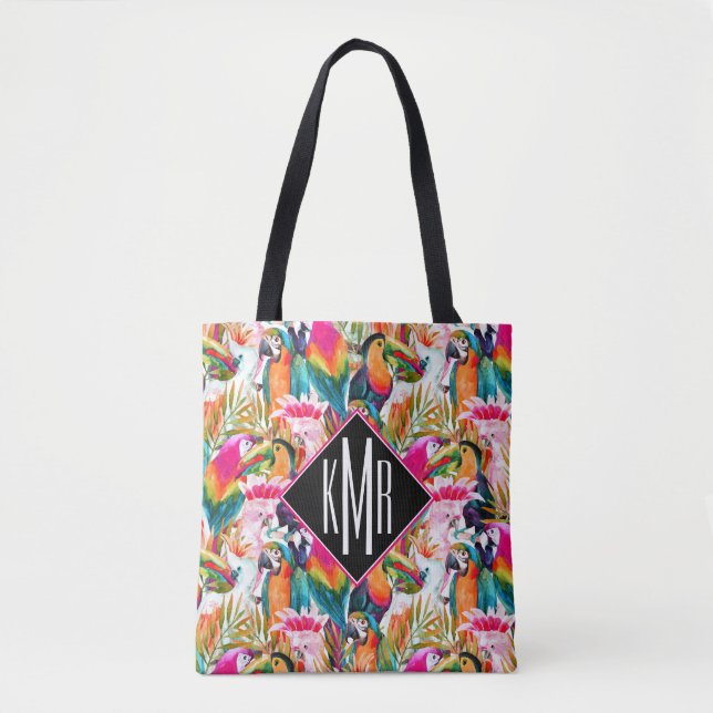 Parrots & Palm Leaves | Monogram Tote Bag (Front)