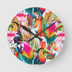 Parrots & Palm Leaves Round Clock
