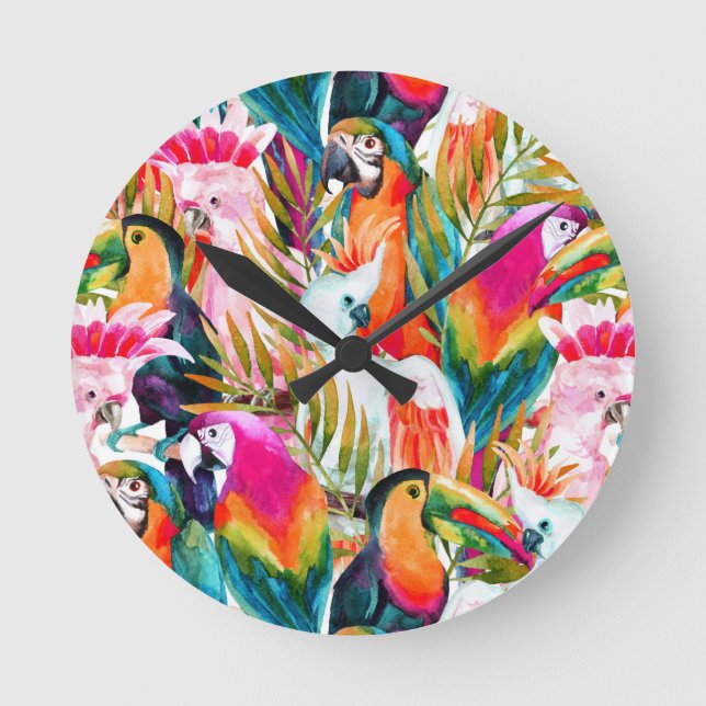 Parrots & Palm Leaves Round Clock (Front)
