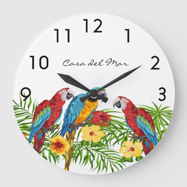 Parrots palm tree summer house name large clock (Front)