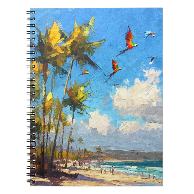 Parrots Soaring Tropical Palm Beach Art Notebook (Front)