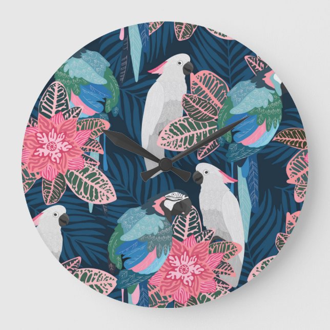 Parrots Tropical: Vintage Seamless Pattern Large Clock (Front)