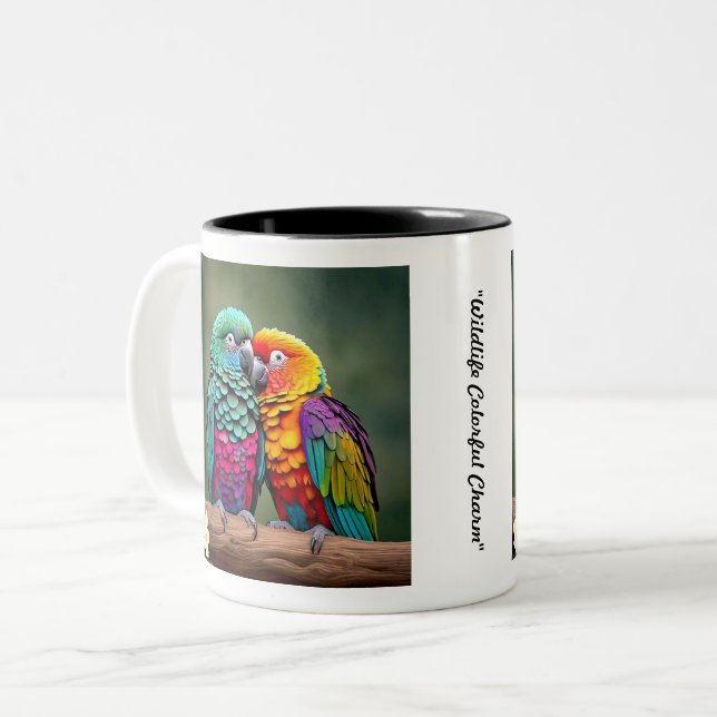 "Parrot's Vibrant Plumage" Two-Tone Coffee Mug (Front Left)