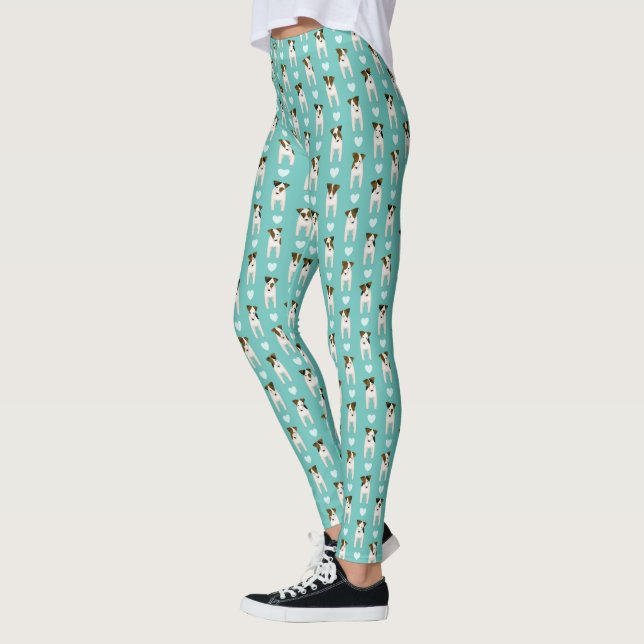 Parson Jack Russell Terriers w hearts light teal Leggings (Left)