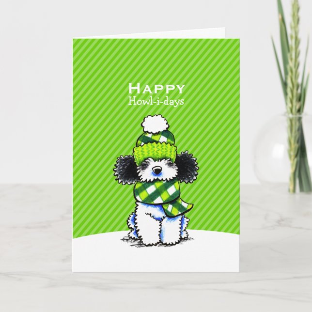 Parti Poodle Plaid Scarf Christmas Green Custom Holiday Card (Front)