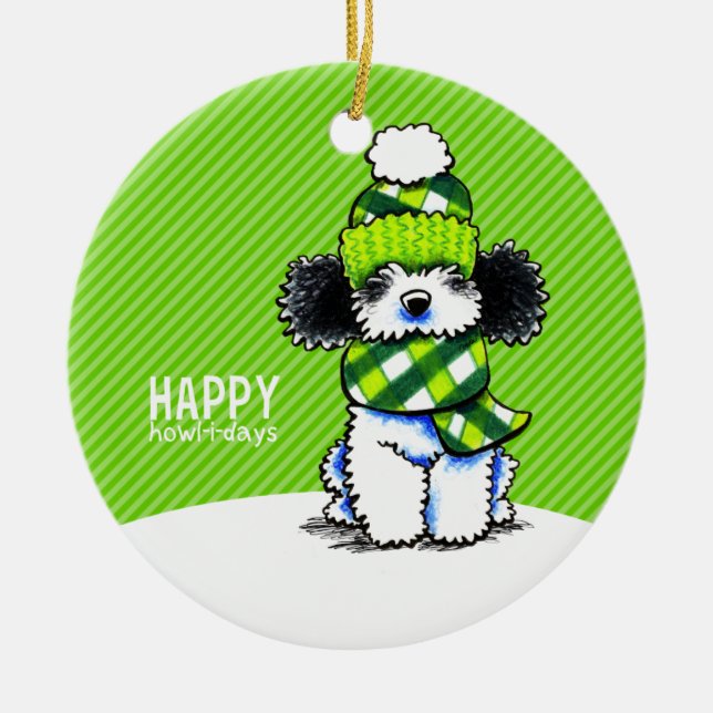 Parti Poodle Scarf Christmas Happy Howl-i-days Ceramic Tree Decoration (Front)
