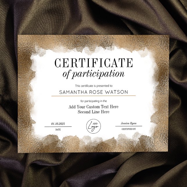 Participation Certificate Gold Glitter Logo Award (Elegant gold glitter effect Certificate of Participation professional diploma with custom logo)
