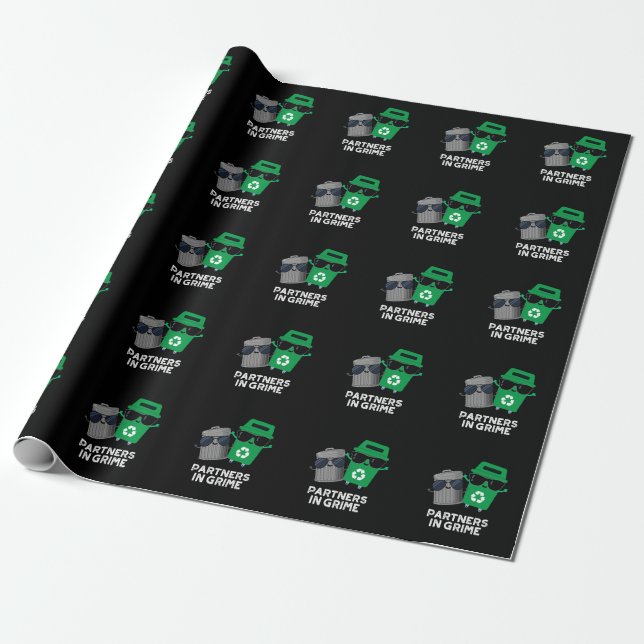 Partners In Grime Funny Trash Pun Dark BG Wrapping Paper (Unrolled)