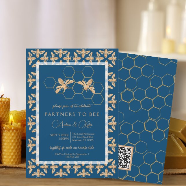Partners to Bee Indigo & Honeycomb Wedding Shower Invitation (Creator Uploaded)