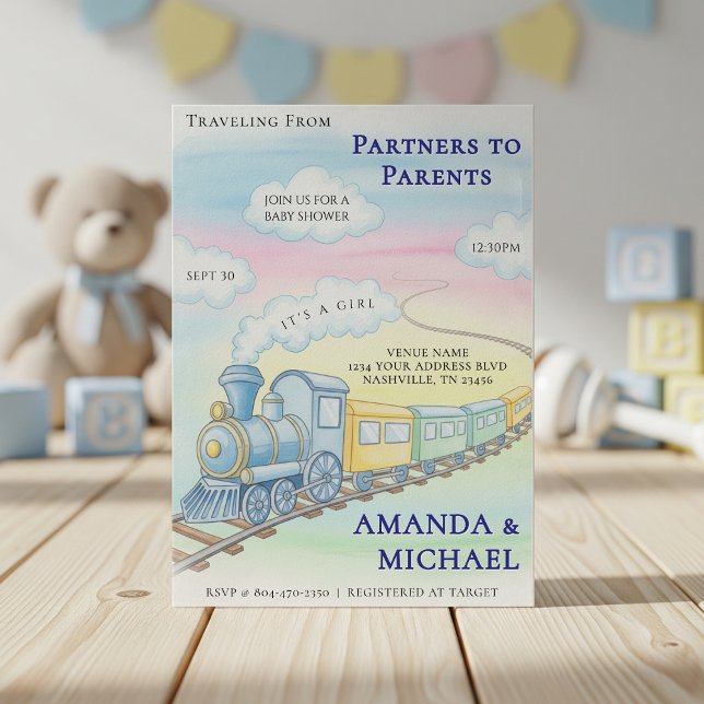 Partners to Parents Watercolor Train Baby Shower Invitation (Partners to Parents Watercolor Train Baby Shower Invitation
)