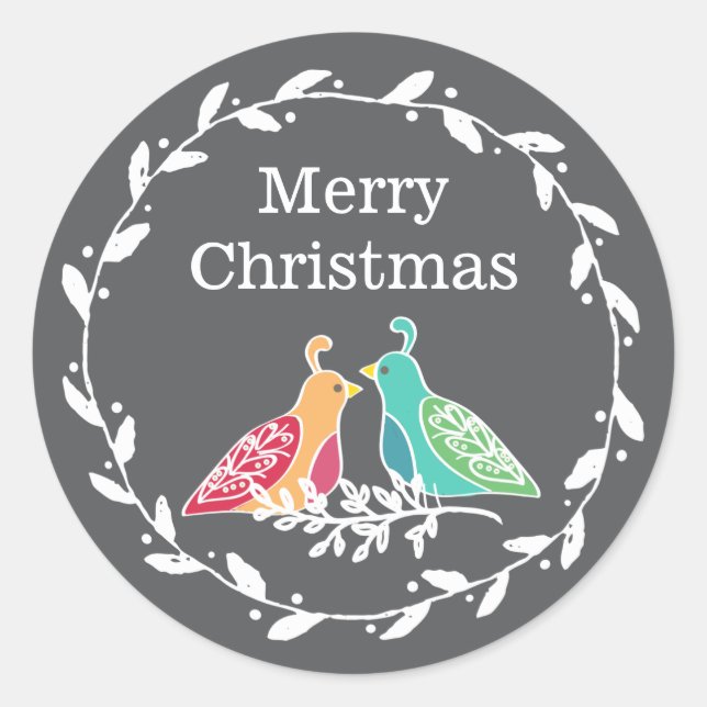Partridge Birds Rustic Wreath Merry Christmas Classic Round Sticker (Front)